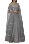 Buy_Silky Bindra_Grey Net Wide Square Shaped Neckline Embroidered Lehenga Set _at_Aza_Fashions