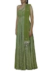 Buy_Silky Bindra_Green Net, Georgette, Shantoon Asymmetric Embroidered Anarkali With Dupatta _Online_at_Aza_Fashions