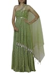 Buy_Silky Bindra_Green Net, Georgette, Shantoon Asymmetric Embroidered Anarkali With Dupatta _at_Aza_Fashions