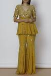 Buy_Silky Bindra_Yellow Crepe, Shantoon V-shaped Neckline Embroidered Kurta Sharara Set  _at_Aza_Fashions