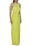Arpan Vohra_Yellow Georgette Halter Embellished Pre-draped Saree _Online_at_Aza_Fashions