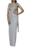 Buy_Arpan Vohra_Grey Georgette V Neck Embellished Pre-draped Saree _at_Aza_Fashions