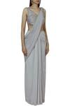 Arpan Vohra_Grey Georgette V Neck Embellished Pre-draped Saree _Online_at_Aza_Fashions