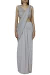 Shop_Arpan Vohra_Grey Georgette V Neck Embellished Pre-draped Saree _Online_at_Aza_Fashions