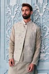 Buy_Mahima Mahajan_Grey Raw Silk Embroidered Nehru Jacket Set _at_Aza_Fashions