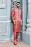 Shop_Mahima Mahajan_Pink Raw Silk Embroidered Nehru Jacket Set_at_Aza_Fashions