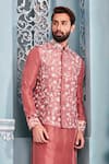 Buy_Mahima Mahajan_Pink Raw Silk Embroidered Nehru Jacket Set_at_Aza_Fashions