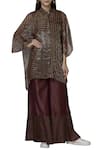 Buy_Urvashi Kaur_Brown Tissue Silk Tunic Shirt Collar Inner Round Striped _at_Aza_Fashions