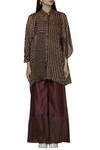 Buy_Urvashi Kaur_Brown Tissue Silk Tunic Shirt Collar Inner Round Striped _Online_at_Aza_Fashions