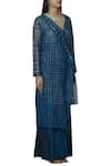 Urvashi Kaur_Blue Kota Silk V-shaped Neckline Checkered Jacket Kurta _Online_at_Aza_Fashions