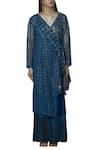 Shop_Urvashi Kaur_Blue Kota Silk V-shaped Neckline Checkered Jacket Kurta _Online_at_Aza_Fashions