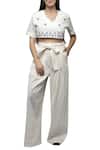 Buy_S & V Designs_Off White Dobby Cotton V Neck Embroidered Top Pant Set _at_Aza_Fashions