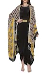 Buy_Soup by Sougat Paul_Black Muslin Slab Printed Geometric Round Neck Draped Dress With Cape _at_Aza_Fashions