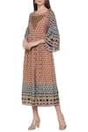 Soup by Sougat Paul_Brown Muslin Slub Round Printed Midi Dress _Online_at_Aza_Fashions