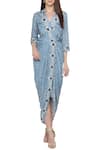 Buy_Soup By Sougat Paul_Blue Cotton Silk V Neck Draped Wrap Dress _Online_at_Aza_Fashions