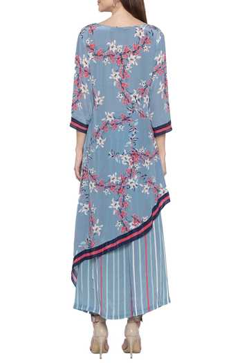Shop_Soup By Sougat Paul_Blue Crepe Floral, Stripes Round Printed Asymmetric Kurta And Palazzo Set _at_Aza_Fashions
