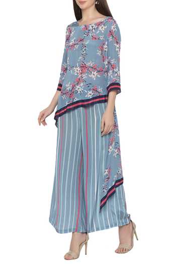 Soup By Sougat Paul_Blue Crepe Floral, Stripes Round Printed Asymmetric Kurta And Palazzo Set _Online_at_Aza_Fashions