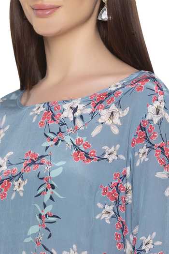 Buy_Soup By Sougat Paul_Blue Crepe Floral, Stripes Round Printed Asymmetric Kurta And Palazzo Set _Online_at_Aza_Fashions