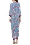 Shop_Soup By Sougat Paul_Blue Crepe Floral Motifs V Neck Printed Wrap Dress _at_Aza_Fashions