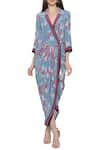 Buy_Soup By Sougat Paul_Blue Crepe Floral Motifs V Neck Printed Wrap Dress _Online_at_Aza_Fashions