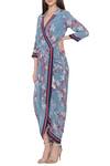 Soup By Sougat Paul_Blue Crepe Floral Motifs V Neck Printed Wrap Dress _Online_at_Aza_Fashions