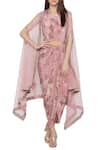 Buy_Soup by Sougat Paul_Pink Crepe Printed Floral Motifs Dress Round Embellished Cape And Draped _Online_at_Aza_Fashions