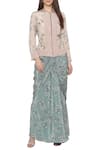 Buy_Soup by Sougat Paul_Blue Crepe Printed Floral Round Neck Top And Draped Skirt Set_at_Aza_Fashions