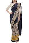 Buy_Soup by Sougat Paul_Beige Crepe Printed Geometric Round Neck Pre-draped Saree With Blouse _at_Aza_Fashions