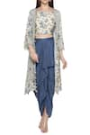 Buy_Soup by Sougat Paul_Blue Satin Round Printed Jacket Skirt Set _at_Aza_Fashions