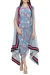 Buy_Soup by Sougat Paul_Blue Crepe Printed Floral Round Neck Dress With Asymmetrical Cape _at_Aza_Fashions