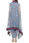 Shop_Soup by Sougat Paul_Blue Crepe Printed Floral Round Neck Dress With Asymmetrical Cape _at_Aza_Fashions