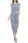 Buy_Soup by Sougat Paul_Blue Crepe Printed Floral Round Neck Dress With Asymmetrical Cape _Online_at_Aza_Fashions