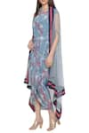 Soup by Sougat Paul_Blue Crepe Printed Floral Round Neck Dress With Asymmetrical Cape _Online_at_Aza_Fashions