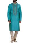 Buy_Nitesh Singh Chauhan_Blue Cotton Silk, Blended Chanderi Kurta Set _at_Aza_Fashions