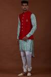 Nitesh Singh Chauhan_Red Art Silk Cotton Printed Bundi And Kurta Set _Online_at_Aza_Fashions