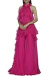 Shehlaa Khan_Pink Satin Georgette Halter Neck Ruffle Top Palazzo Set _Online_at_Aza_Fashions