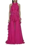 Shehlaa Khan_Pink Satin Georgette Halter Neck Ruffle Top Palazzo Set _at_Aza_Fashions