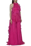 Buy_Shehlaa Khan_Pink Satin Georgette Halter Neck Ruffle Top Palazzo Set _Online_at_Aza_Fashions