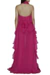 Shop_Shehlaa Khan_Pink Satin Georgette Halter Neck Ruffle Top Palazzo Set _at_Aza_Fashions