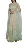 Shehlaa Khan_Beige Tulle Square Neck Embroidered Bridal Lehenga Set _Online_at_Aza_Fashions