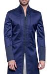 Shop_Arjuun Kilachand_Blue Cotton Satin Embroidered Sherwani _at_Aza_Fashions