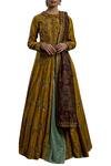 Buy_Joy Mitra_Yellow Chanderi Silk Peter Pan Collar Kurta Lehenga Set _at_Aza_Fashions