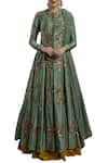 Buy_Joy Mitra_Green Chanderi Silk Round Kurta Lehenga Set _at_Aza_Fashions