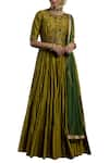 Buy_Joy Mitra_Green Chanderi Silk Round Kurta Lehenga Set _at_Aza_Fashions