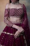 Vvani By Vani Vats_Wine Net, Georgette Sweetheart Neck Embroidered Lehenga Set _at_Aza_Fashions