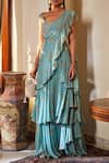Sana Barreja_Green Georgette Sweetheart Neck Embroidered Saree Set _Online_at_Aza_Fashions