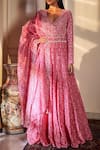 Shop_Sana Barreja_Pink Chanderi V Neck Anarkali With Dupatta _at_Aza_Fashions