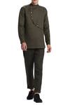 Shop_Son Of A Noble Snob_Green Linen Overlap Kurta_at_Aza_Fashions