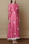 Nachiket Barve_Pink Chanderi Kurta Mandarin Collar Inner Round Embroidered  _Online_at_Aza_Fashions