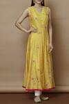 Buy_Nachiket Barve_Yellow Chanderi Kurta And Inner V Neck Embroidered  _at_Aza_Fashions